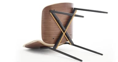 A dining chair with a curved, padded seat and backrest. The seat and backrest appear to be upholstered in a light-colored faux leather with decorative stitching. The chair has a thin wooden trim around the seat and backrest, and black metal legs. Dimensions are indicated for the backrest height (15.15 inches) and seat width (19.69 inches). — 3D model