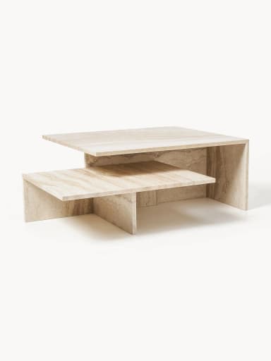 A two-tiered coffee table constructed from travertine stone. The table features a staggered shelf design, with the upper tier extending further forward than the lower tier. The material exhibits natural veining and color variations typical of travertine. — 3D model