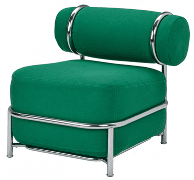 A modernist lounge chair featuring a bright emerald green upholstered seat and cylindrical bolster backrest, supported by a polished tubular chrome frame. The design is sleek and features minimalist lines. — 3D model