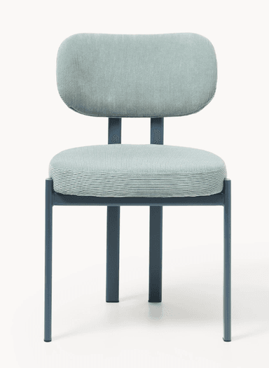 A modern chair with a slightly curved backrest and a separate seat cushion. The frame and legs are constructed from tubular metal. The upholstery is a light blue corduroy fabric. — 3D model