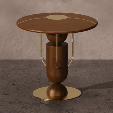 A modernist accent table featuring a circular dark wood top with a concentric brass inlay detail, supported by a sculptural base made of stacked cylindrical and spherical dark wood forms, connected and accented by polished brass rods. The table rests on a circular brass base. — 3D model