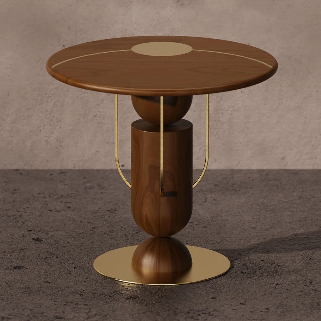 A modernist accent table featuring a circular dark wood top with a concentric brass inlay detail, supported by a sculptural base made of stacked cylindrical and spherical dark wood forms, connected and accented by polished brass rods. The table rests on a circular brass base. — 3D model