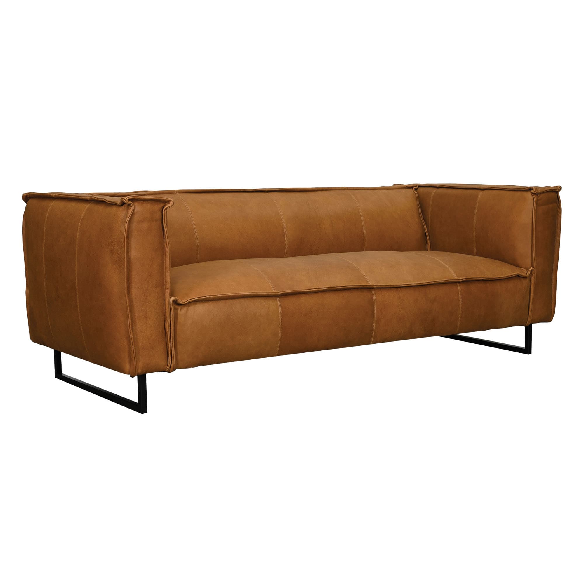 A contemporary three-seater sofa featuring tan-colored, possibly distressed leather upholstery and a minimalist black metal sled base. The sofa has wide, squared-off armrests and back, with visible piping and stitching details defining the cushions and edges. The overall aesthetic is modern and streamlined. — 3D model