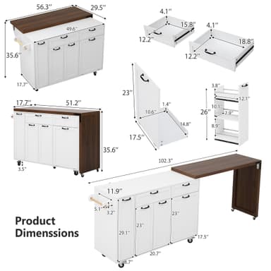 A mobile kitchen island featuring a white cabinet base and a dark wood-toned top. It includes multiple storage compartments: two drawers, four cabinet doors, and a pull-out spice rack. A significant feature is the extendable leaf that expands the countertop surface. The island is fitted with casters for mobility and an integrated towel bar. — 3D model