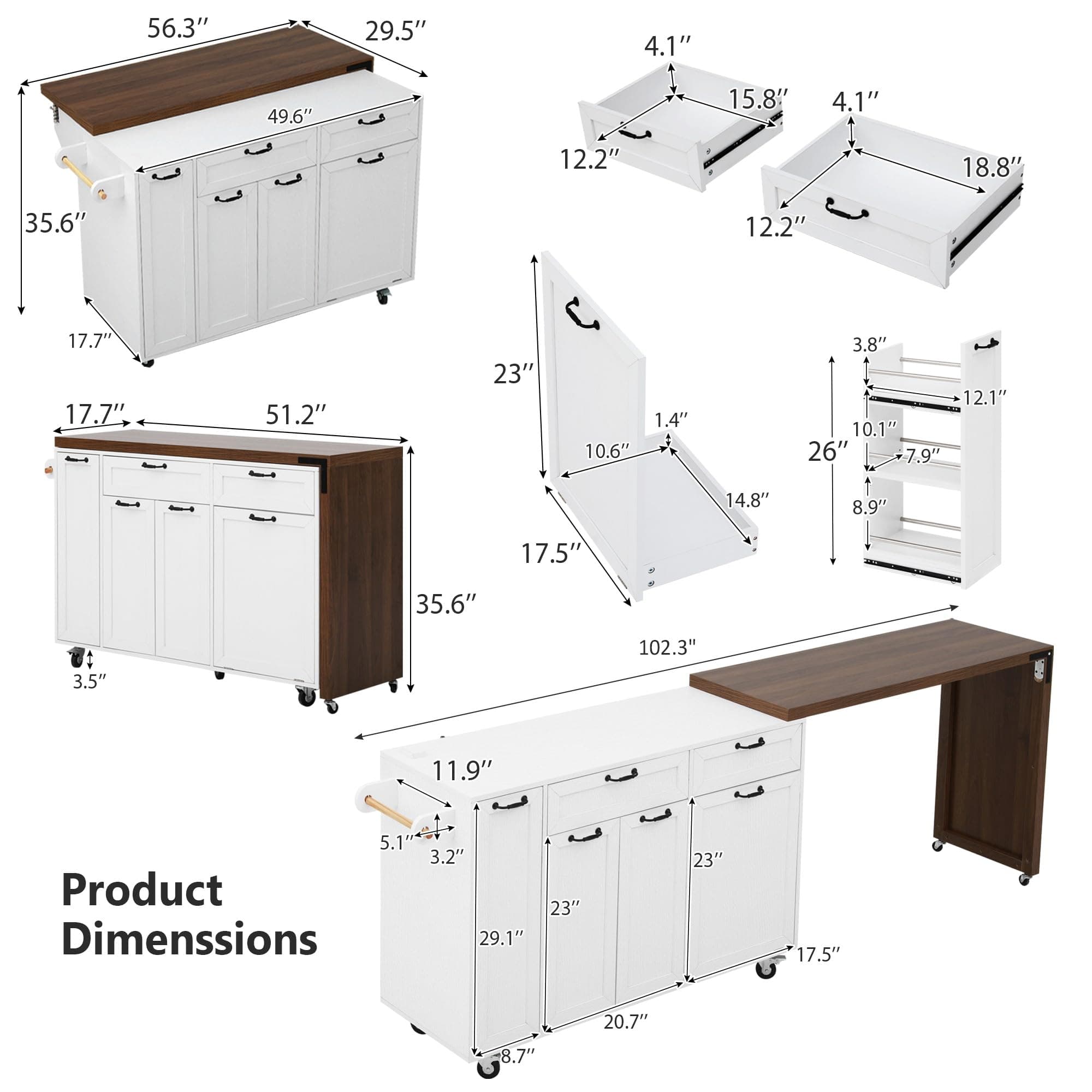 A mobile kitchen island featuring a white cabinet base and a dark wood-toned top. It includes multiple storage compartments: two drawers, four cabinet doors, and a pull-out spice rack. A significant feature is the extendable leaf that expands the countertop surface. The island is fitted with casters for mobility and an integrated towel bar. — 3D model