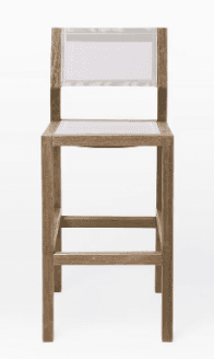 A modern bar stool with a wooden frame and a white fabric seat and backrest. The frame has a simple, geometric design, and the seat and back are upholstered in a light-colored fabric that appears to be synthetic. The stool features four legs connected by footrests, typical of bar stool construction. — 3D model