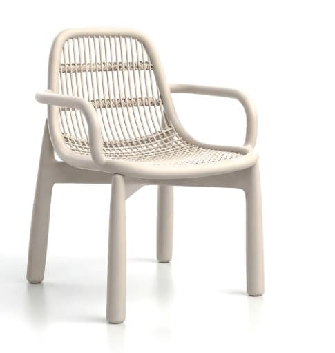 A modern armchair with a curved frame and a woven seat and back. The chair has a light, neutral color and appears to be made of plastic or a similar synthetic material, with a rope or cord woven into the frame for the seating surfaces. It has four legs and armrests. — 3D model