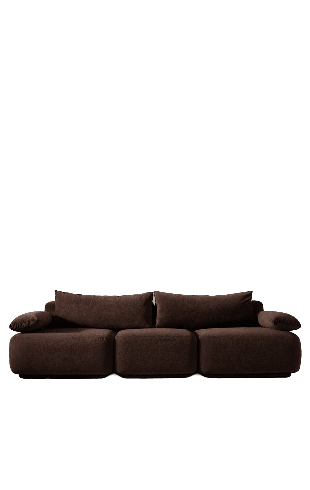 A contemporary dark brown fabric modular sofa featuring a low-profile design. It comprises three interconnected seating modules, each with a plush, block-like base. The backrests are formed by large, rectangular cushions, and there are rounded armrest cushions on either end. The upholstery has a subtle, textured pattern. — 3D model