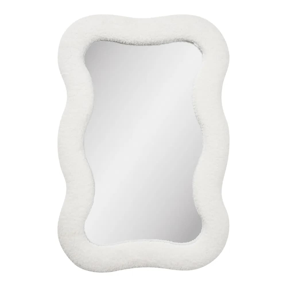 A decorative mirror with an irregular, wavy outline. The frame surrounding the reflective surface is textured and appears to be made of a soft, fluffy material, possibly faux fur or a similar textile, in a solid white color. — 3D model