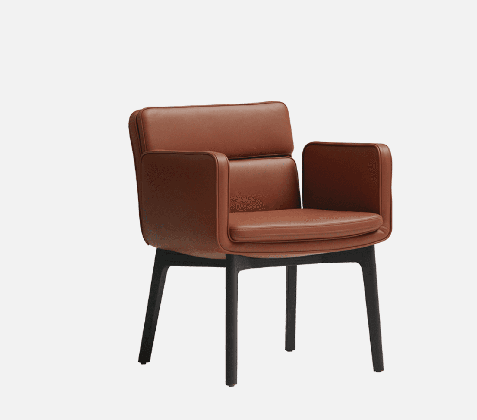 A modern armchair upholstered in rich brown leather, featuring a padded backrest and integrated armrests, supported by dark-stained wooden legs. — 3D model