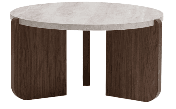 A contemporary round coffee table featuring a light gray, possibly faux marble or composite stone tabletop. The base consists of two broad, curved panels made of dark wood with visible grain, symmetrically positioned under the tabletop. A central, narrower wooden support column is also present, completing the three-point support structure. The design is minimalist and robust. — 3D model