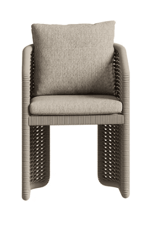 A contemporary chair featuring a thick, rounded frame entirely wrapped or constructed from a light-colored, textured synthetic rope or cord material. The chair includes a removable padded seat cushion and a matching back pillow, both upholstered in a complementary light beige fabric with a subtle woven texture. The frame forms continuous armrests and a backrest, with broad, integrated legs creating a sturdy and cohesive U-shaped form. The lower parts of the frame feature an open-weave pattern. — 3D model