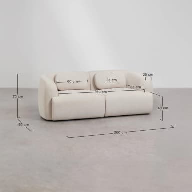 A contemporary two-seater sofa upholstered in a light-colored, textured bouclé fabric, featuring a soft, rounded silhouette with integrated curved armrests and two loose back cushions. — 3D model