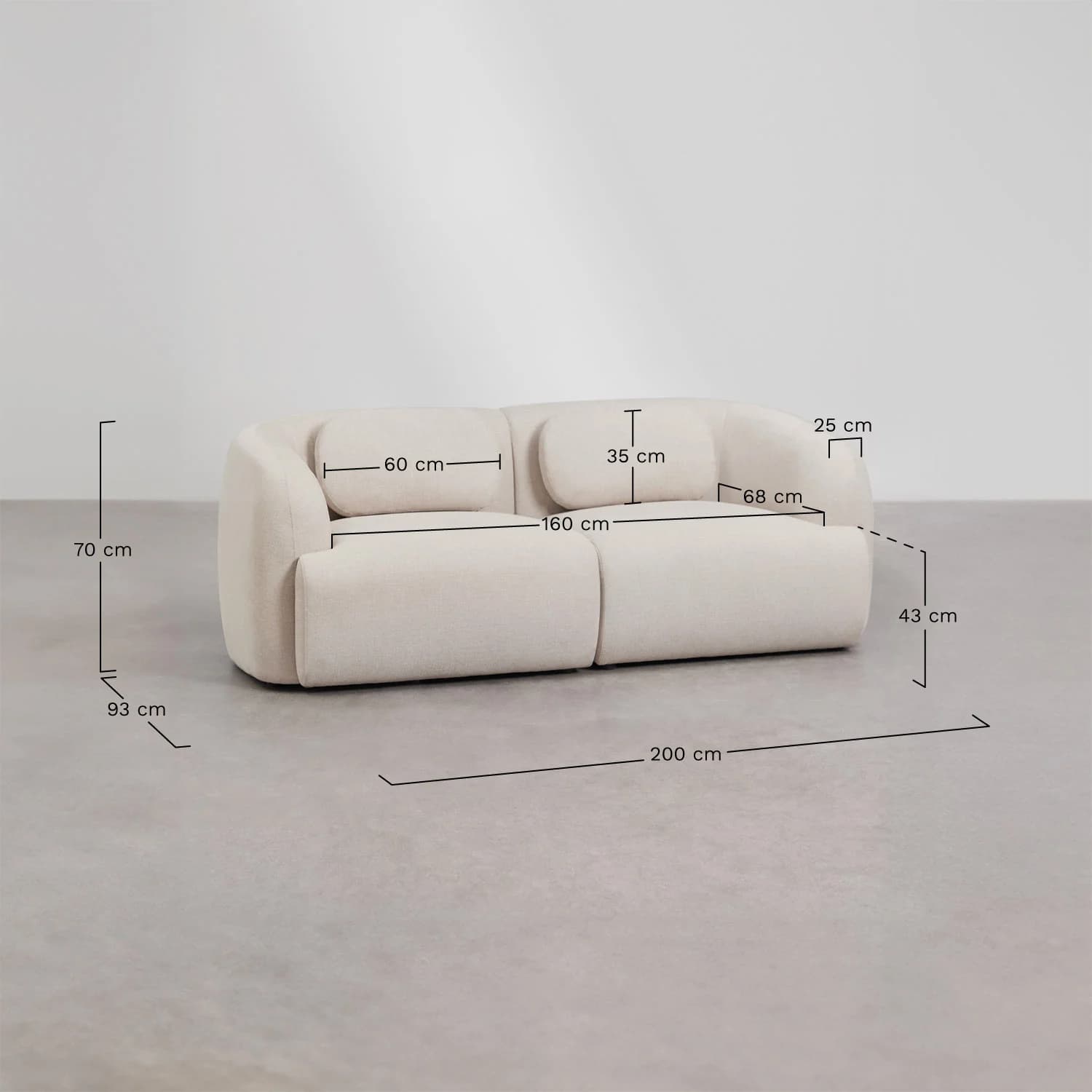 A contemporary two-seater sofa upholstered in a light-colored, textured bouclé fabric, featuring a soft, rounded silhouette with integrated curved armrests and two loose back cushions. — 3D model