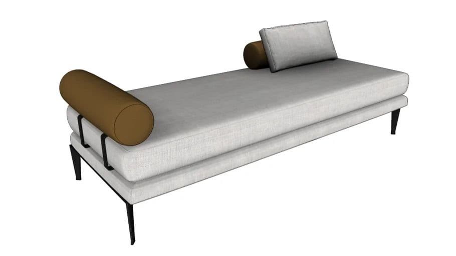 A modern upholstered daybed featuring a rectangular base cushion and a removable back cushion, supported by a minimalist dark metal frame and slender legs. It includes two bolster pillows, one secured at the end by a metal bracket and another smaller one near the backrest. — 3D model