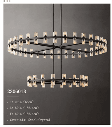 A two-tiered chandelier with a black metal frame and multiple clear cylindrical light shades. The chandelier has a central black canopy from which several black rods suspend the two circular tiers. Each tier is adorned with numerous evenly spaced light fixtures. The overall design suggests a modern or contemporary aesthetic. — 3D model