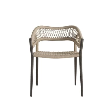 A modern armchair featuring a woven rope seat and backrest, supported by a dark, slender metal frame and tapered legs. — 3D model