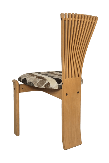 A light wood chair featuring a distinctive fan-shaped slatted backrest and an upholstered seat with a brown and grey abstract pattern. The chair is armless with a sturdy, upright form. — 3D model