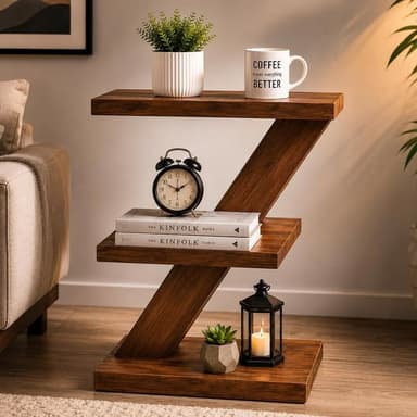 A modern Z-shaped three-tier display shelf crafted from wood, featuring three rectangular horizontal surfaces connected by two diagonal support panels. The design creates a dynamic, staggered appearance suitable for displaying small items or acting as an accent piece. — 3D model