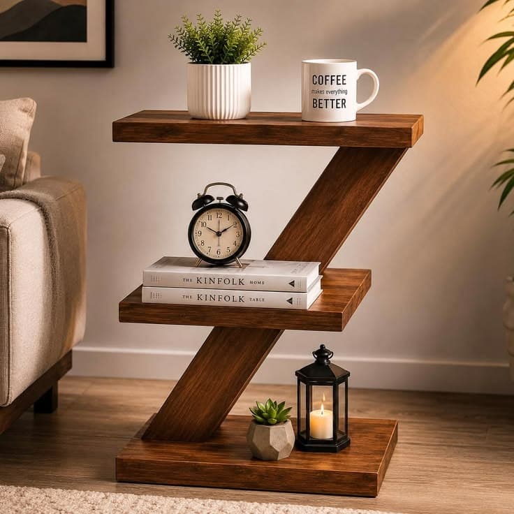 A modern Z-shaped three-tier display shelf crafted from wood, featuring three rectangular horizontal surfaces connected by two diagonal support panels. The design creates a dynamic, staggered appearance suitable for displaying small items or acting as an accent piece. — 3D model