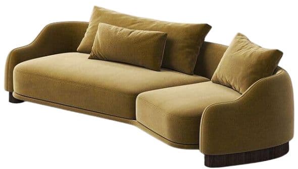 A modern, curved sectional sofa upholstered in a rich olive-brown velvet fabric, featuring a main seating section and an integrated chaise lounge. The sofa has a low-profile design with a dark, recessed plinth base and includes multiple loose back cushions and throw pillows. — 3D model