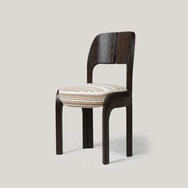 A dark wood dining chair with a rounded, split backrest and a woven seat cushion. The chair has a modern aesthetic with curved legs and a streamlined frame. The seat cushion is upholstered in a textured fabric with a striped pattern in white and brown tones. — 3D model