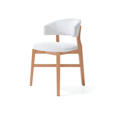 A modern armchair with a curved backrest and seat, supported by a wooden frame. The seat and backrest appear to be upholstered in a dark material, possibly leather or a synthetic imitation, with a lighter, possibly white or light gray, upholstered outer shell on the back. The frame consists of four legs connected by crossbars, with the back legs extending upwards to form the support for the backrest. The wood is light-colored and has a smooth finish. — 3D model