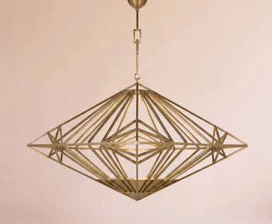 A striking chandelier featuring a complex, diamond-shaped external frame constructed from brass rods. The internal light source is diffused by a conical or pyramidal frosted glass or acrylic element. The entire fixture is suspended by a chain and canopy, all in a matching brass finish, creating a sophisticated and architectural lighting piece. — 3D model