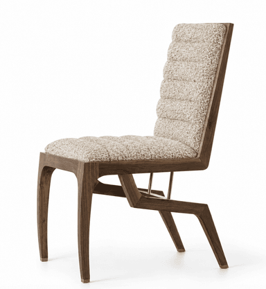 A contemporary armchair with a sculpted wooden frame and upholstered seat and back. The backrest features horizontal ribbed detailing, and the seat is a cushioned expanse. The wooden frame has a distinctive angular design, particularly noticeable in the legs and the connection between the seat and back. Small brass accents are visible at the base of the legs and supporting the back frame. — 3D model