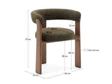 An armchair with a rounded, upholstered backrest and seat, supported by a solid wooden frame. The wooden elements have a visible grain and a matte finish, forming the legs and connecting the seat to the backrest. The upholstery is a textured fabric in a deep olive green color. — 3D model