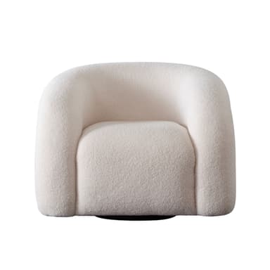 A contemporary, rounded armchair upholstered in a creamy white bouclé fabric, featuring a deep seat, integrated armrests and back, and a concealed swivel base. The design is plush and inviting, with a soft, textured appearance. — 3D model