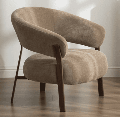 A single, upholstered accent chair with a rounded, enveloping back and integrated armrests, supported by dark wooden legs. — 3D model