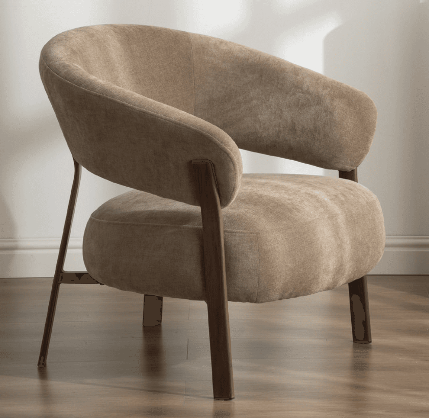 A single, upholstered accent chair with a rounded, enveloping back and integrated armrests, supported by dark wooden legs. — 3D model