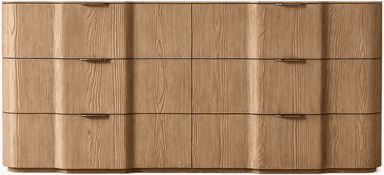 A wide, contemporary dresser featuring a distinctive wavy facade made from light-colored ash wood with a prominent grain. It includes multiple drawers and doors, each fitted with a sleek, recessed metal pull. — 3D model