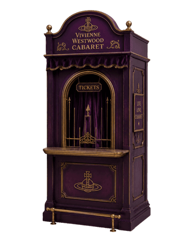 An ornate, deep purple and gold counter or booth, featuring Vivienne Westwood 'Cabaret' branding. It has a counter surface, an arched recess with decorative metalwork, a velvet valance, and a brass footrail at the base. The style is opulent and theatrical. — 3D model