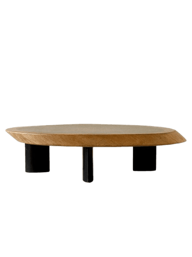 A low-profile coffee table featuring an irregularly shaped, organic wooden top with a darker, recessed central panel. The table is supported by four short, stout, black-colored legs, giving it a minimalist yet distinctive appearance. — 3D model