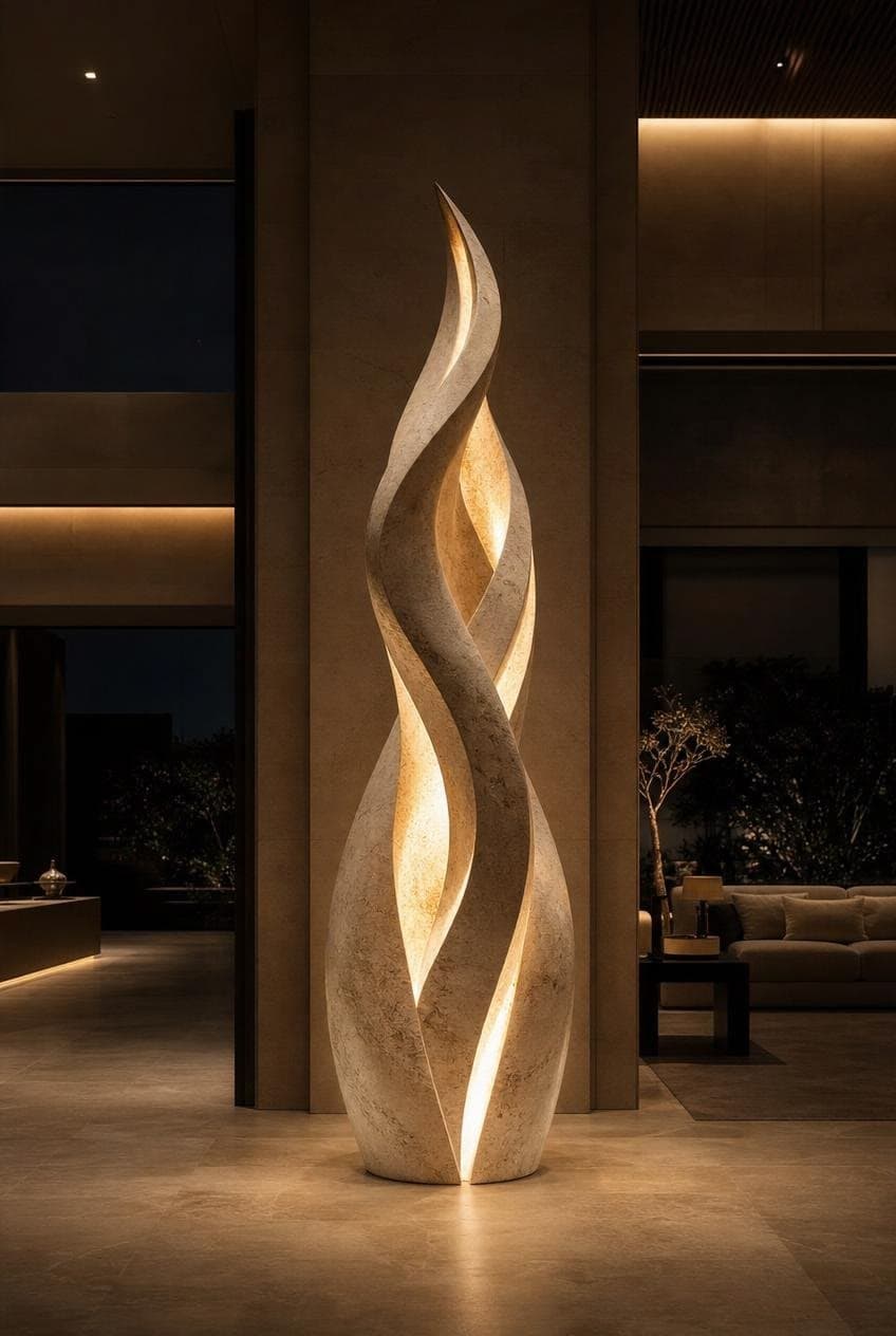 A tall, freestanding floor lamp featuring a sculptural, abstract design with twisted, flame-like forms. It is made from a light-colored, textured stone-like material, with warm light emanating from within the internal curves. — 3D model