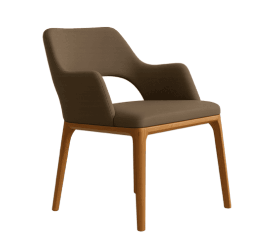 A modern armchair with a wooden frame and upholstered seat and back. The armchair features a curved backrest with a cutout, integrated armrests, and four tapered wooden legs. The upholstery appears to be a matte, textured material. — 3D model