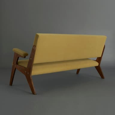 A two-seater sofa with a wooden frame and upholstered cushions. The sofa features a rectangular backrest and seat, with slightly angled arms. The wooden legs are slender and tapered. — 3D model