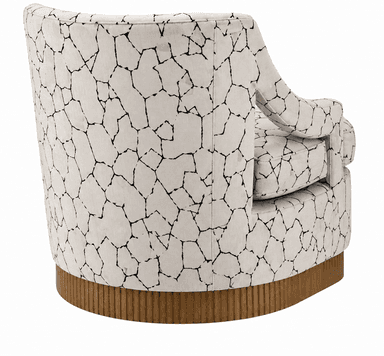 A modern upholstered barrel swivel chair featuring a distinctive black-on-white irregular geometric pattern resembling cracked earth. The chair has a fully upholstered, rounded back and arms, creating a cohesive, enveloping silhouette. It rests on a round, fluted wooden swivel base. The seating includes a loose seat cushion and a loose back cushion, both covered in the same patterned fabric. The overall design suggests a comfortable and visually striking accent piece. — 3D model