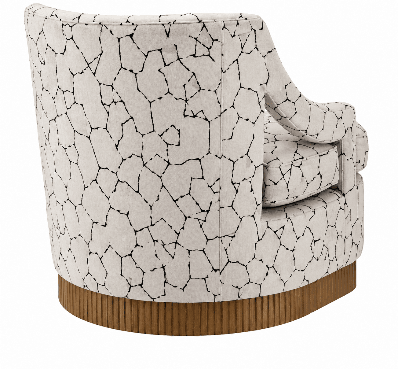 A modern upholstered barrel swivel chair featuring a distinctive black-on-white irregular geometric pattern resembling cracked earth. The chair has a fully upholstered, rounded back and arms, creating a cohesive, enveloping silhouette. It rests on a round, fluted wooden swivel base. The seating includes a loose seat cushion and a loose back cushion, both covered in the same patterned fabric. The overall design suggests a comfortable and visually striking accent piece. — 3D model