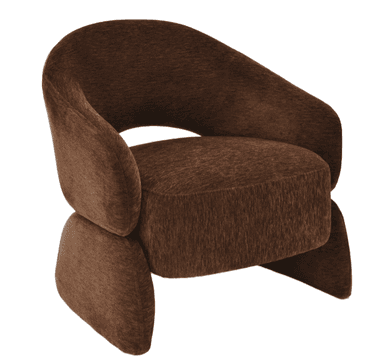 A contemporary accent chair featuring a sculptural, curved silhouette, entirely upholstered in a textured, rich brown fabric. It presents a seamless design with an integrated backrest and arms, and solid, rounded base elements that serve as its foundation. — 3D model