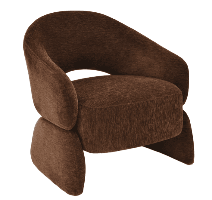 A contemporary accent chair featuring a sculptural, curved silhouette, entirely upholstered in a textured, rich brown fabric. It presents a seamless design with an integrated backrest and arms, and solid, rounded base elements that serve as its foundation. — 3D model