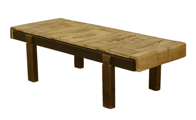 A rectangular coffee table featuring a top surface composed of light-colored ceramic tiles, some of which are decorated with subtle botanical patterns. The tabletop is supported by a dark, possibly bronze or dark brown, metal frame and four sturdy, rectangular metal legs. — 3D model