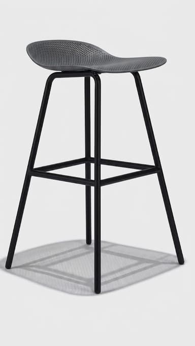 A modern bar stool featuring a perforated gray plastic seat and a black metal frame with an integrated footrest. — 3D model