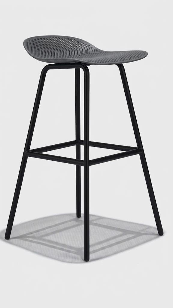 A modern bar stool featuring a perforated gray plastic seat and a black metal frame with an integrated footrest. — 3D model