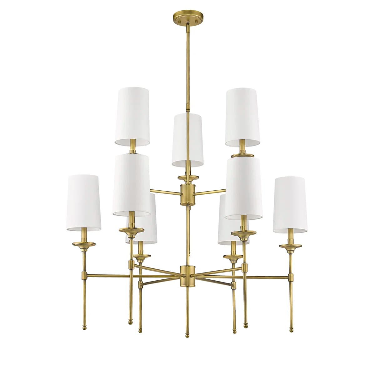 A multi-tiered chandelier featuring a satin brass finish and multiple white fabric drum shades. The fixture has a central stem from which a main horizontal arm extends, supporting several lights. Below this, another set of arms extends, creating a two-tier effect with a total of ten light sources. Each light is topped with a cylindrical or slightly tapered white fabric shade, diffusing the light. The design is contemporary with a classic material choice, suitable for various interior styles. — 3D model