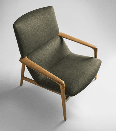 A modern lounge chair featuring a light-toned wooden frame and dark olive green fabric upholstery. The design emphasizes clean lines and comfort. — 3D model
