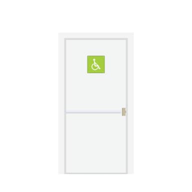 A 3D render of a simple white door featuring a silver horizontal push bar and a green square sign with the international symbol of access for persons with disabilities, presented in an isometric view against a plain white background. — 3D model