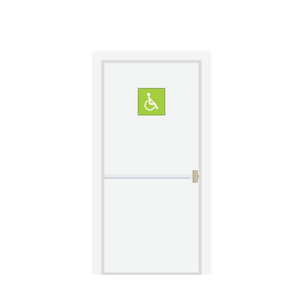 A 3D render of a simple white door featuring a silver horizontal push bar and a green square sign with the international symbol of access for persons with disabilities, presented in an isometric view against a plain white background. — 3D model